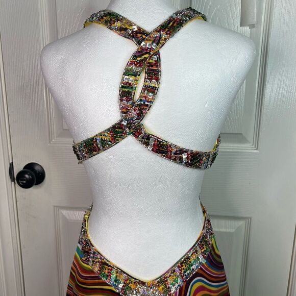 Camille La Vie Multicolor Plunge Neckline Cocktail Prom Long Train Dress Sz 4 - Picture 6 of 16